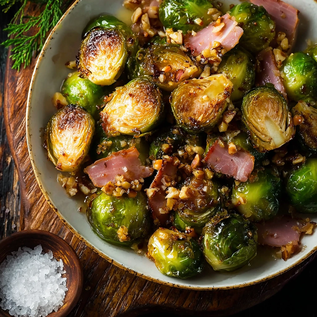 Crispy Honey Glazed Brussels Sprouts with Turkey Ham