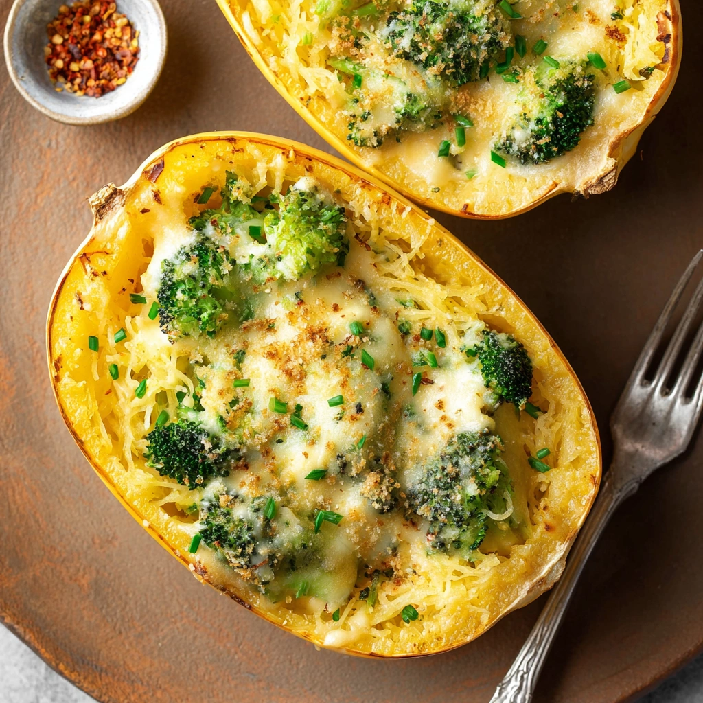 Creamy Cheesy Broccoli Spaghetti Squash Bake