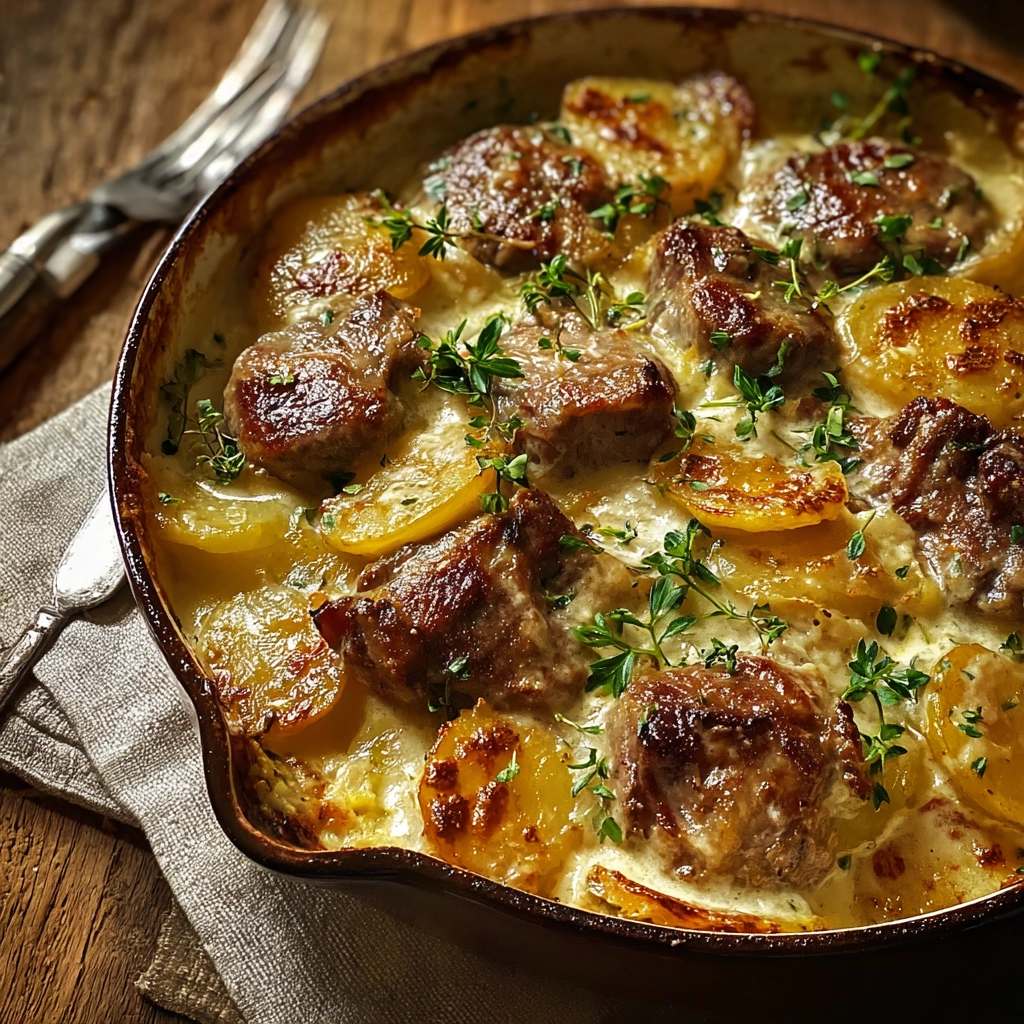 Hearty Smothered Lamb Chop & Scalloped Potato Bake
