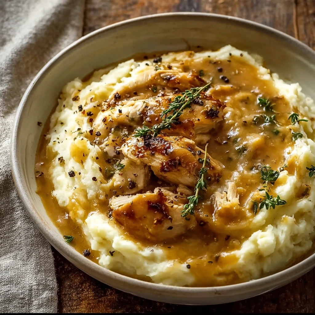 Homestyle Chicken Garlic Gravy with Cheesy Mash