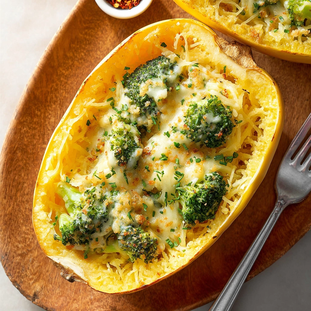 Creamy Cheesy Broccoli Spaghetti Squash Bake