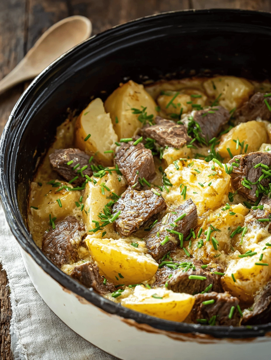 Hearty Slow Cooker Steak & Cheddar Potato Casserole