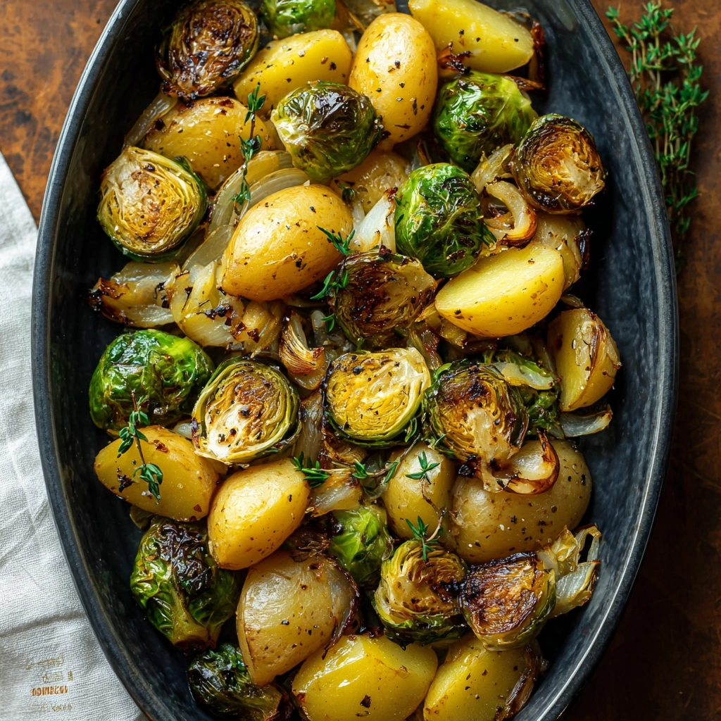 Crispy Garlic Brussels Sprouts and Potatoes Bake