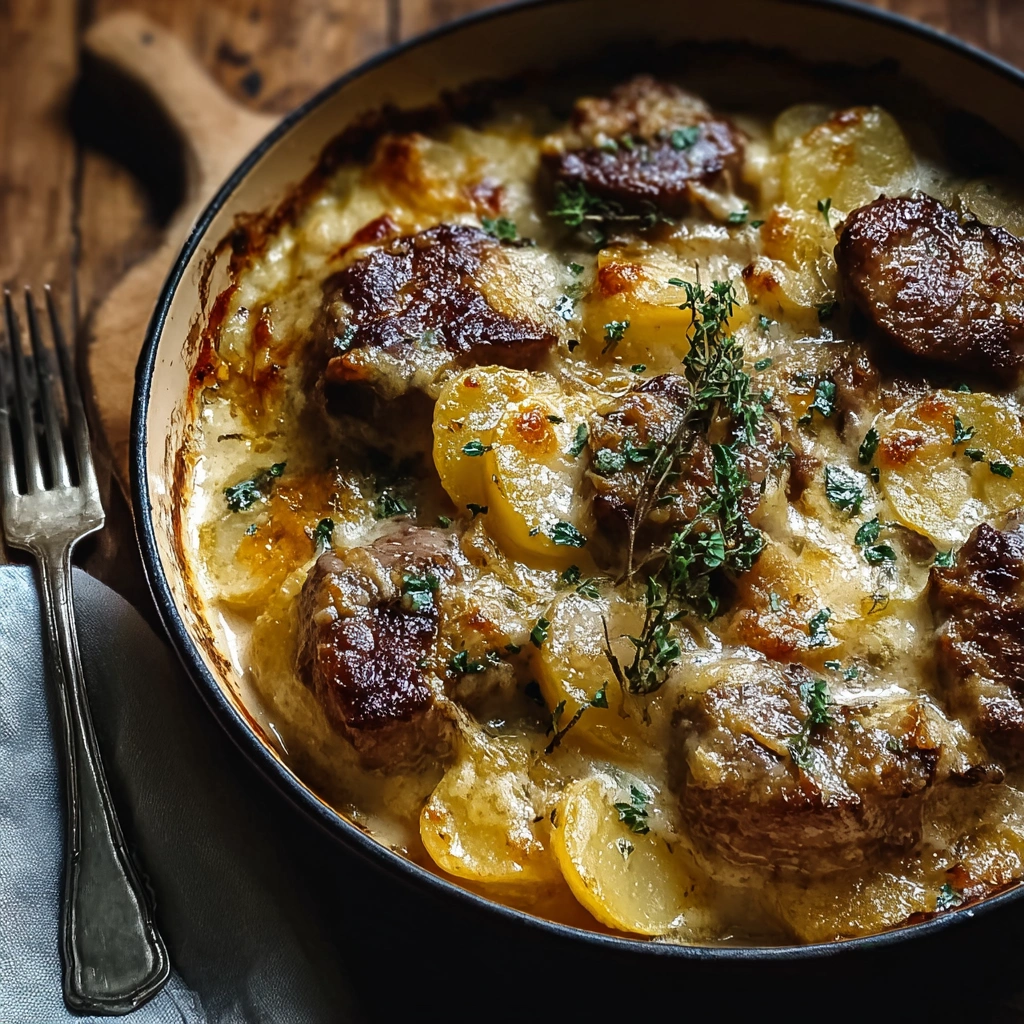 Hearty Smothered Lamb Chop & Scalloped Potato Bake