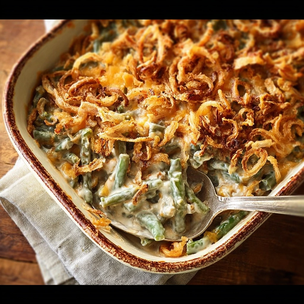Homestyle Creamy Green Bean Bake with Crispy Shallots