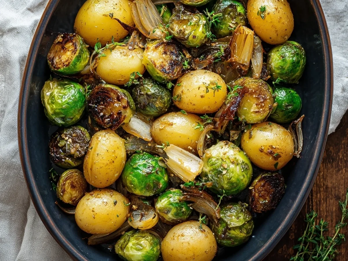 Crispy Garlic Brussels Sprouts and Potatoes Bake - Image 1
