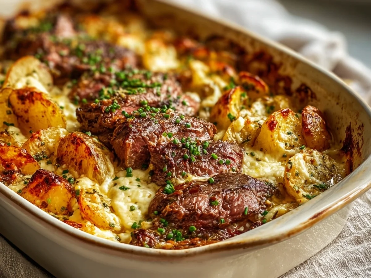 Garlic Butter Steak & Cheddar Potato Bake: A Hearty Dinner - Image 1