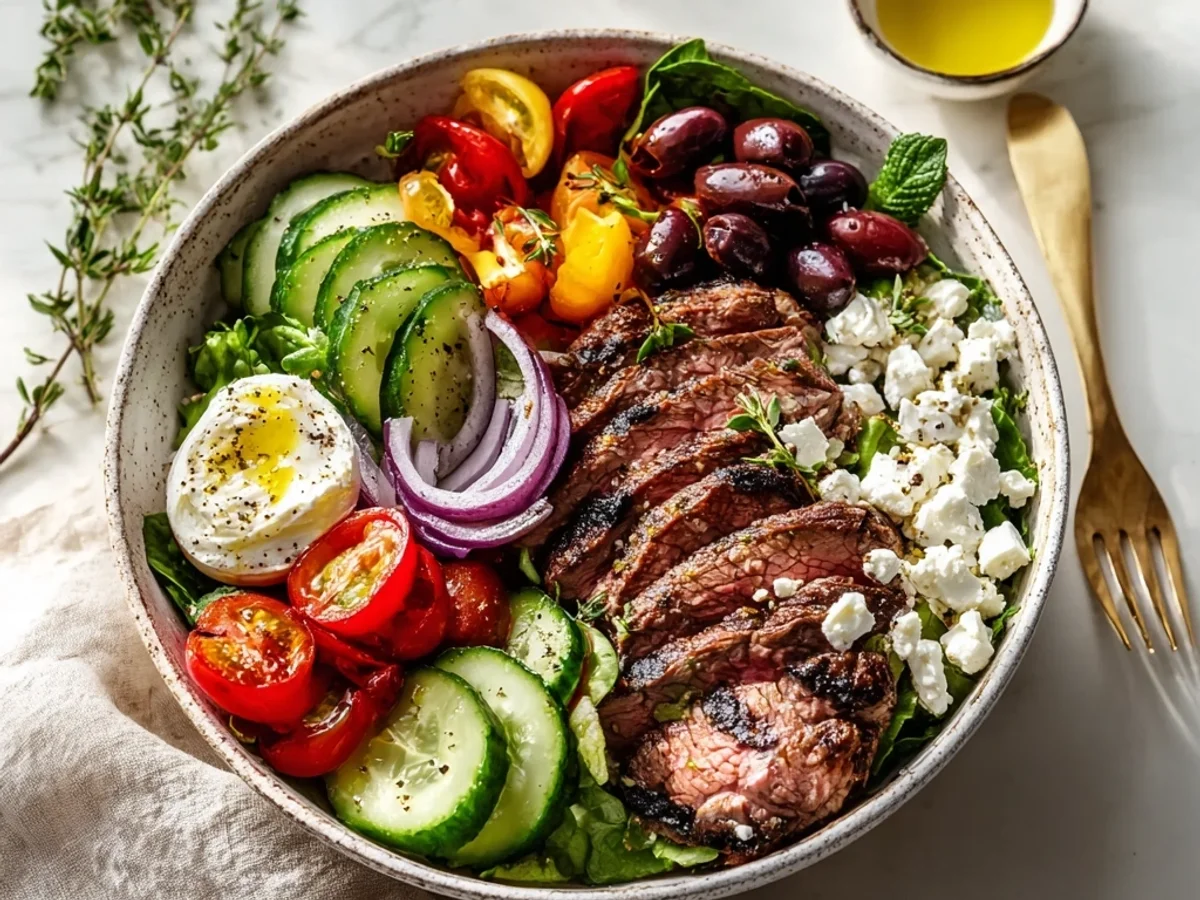Hearty Mediterranean Steak Bowl: Fresh Flavors - Image 1