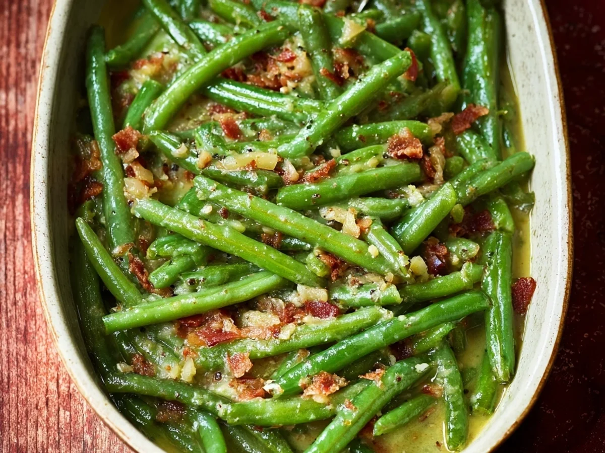Homestyle Smothered Green Beans Recipe with Bacon - Image 1