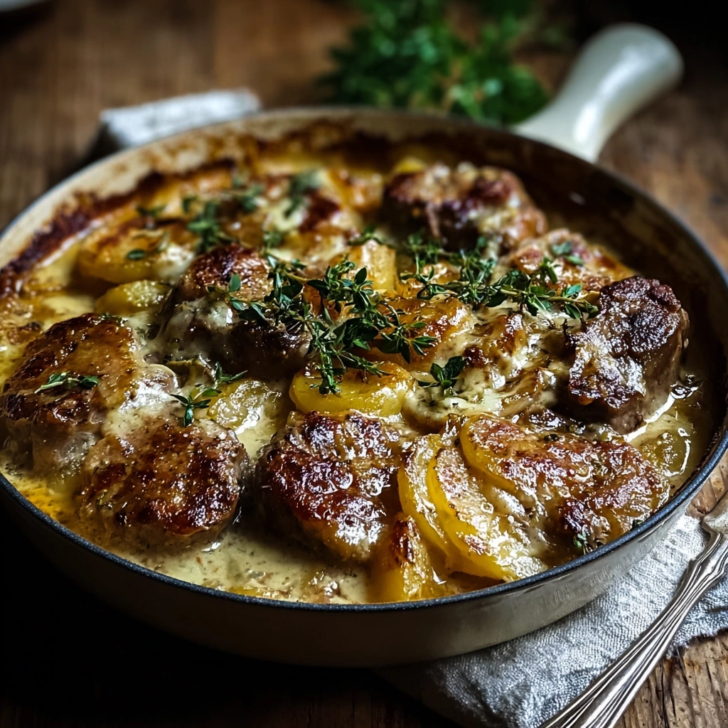 Hearty Smothered Lamb Chop & Scalloped Potato Bake