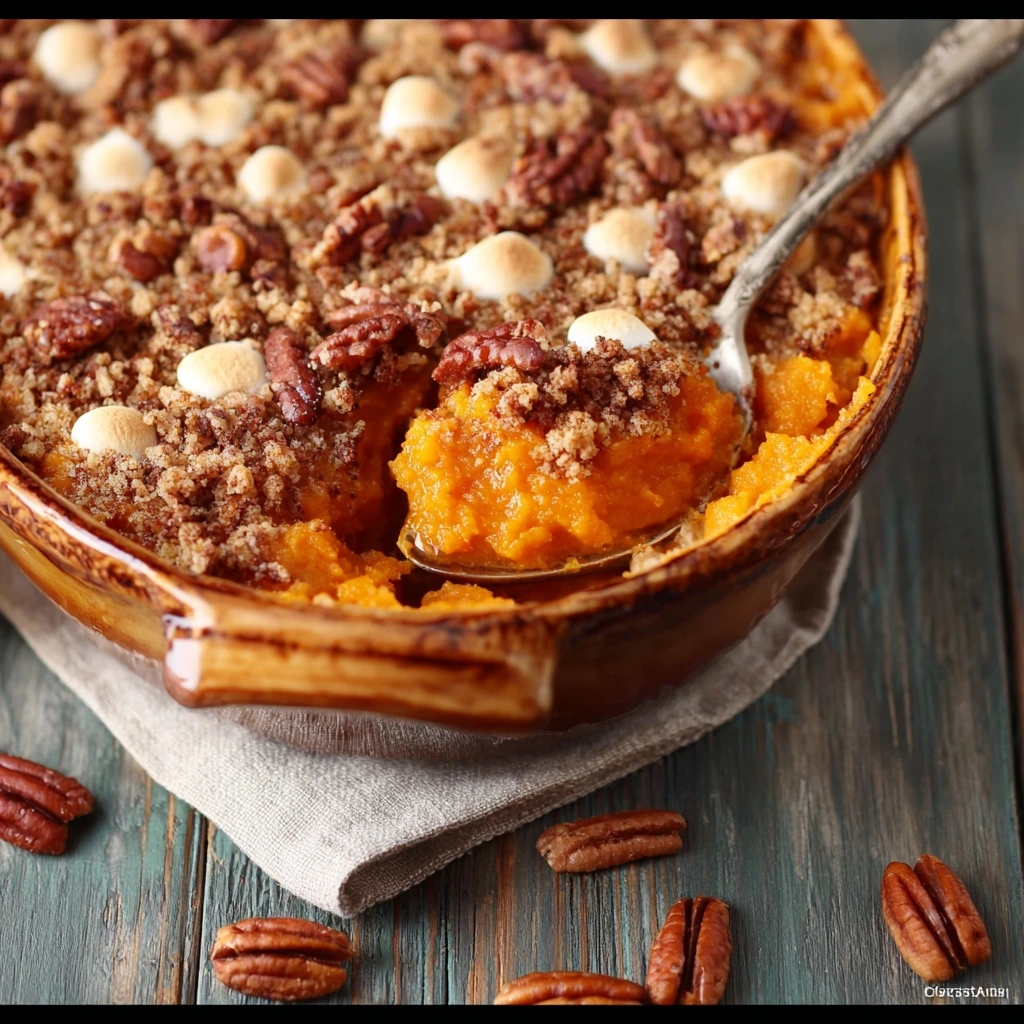 Homestyle Sweet Potato Casserole with Pecan Topping