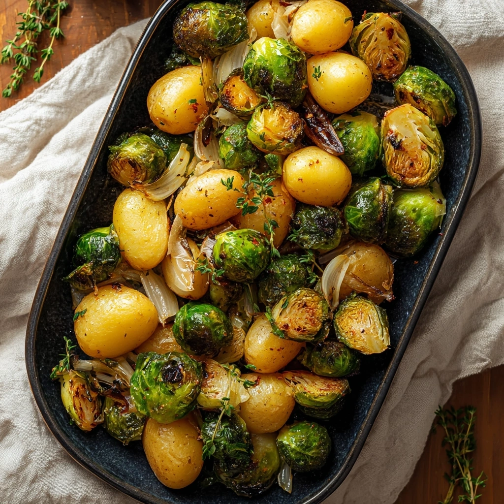 Crispy Garlic Brussels Sprouts and Potatoes Bake