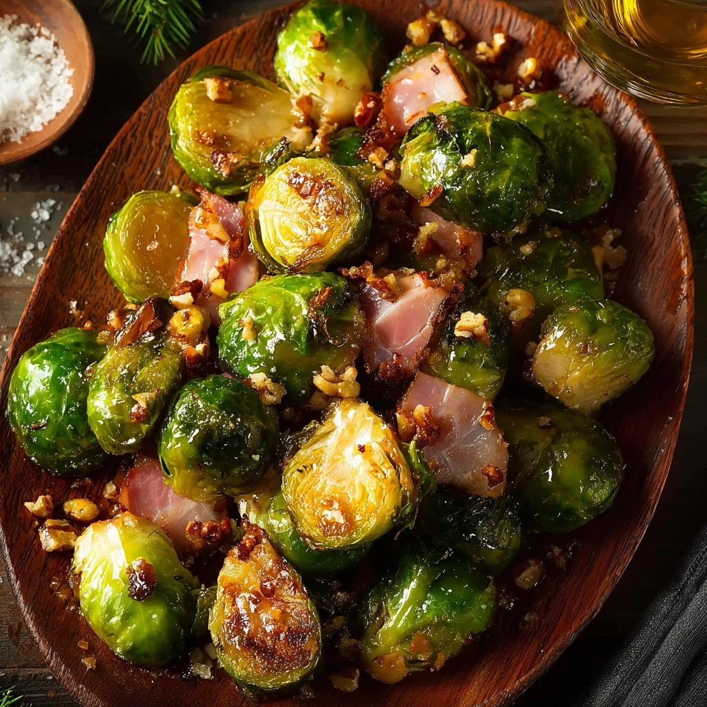 Crispy Honey Glazed Brussels Sprouts with Turkey Ham