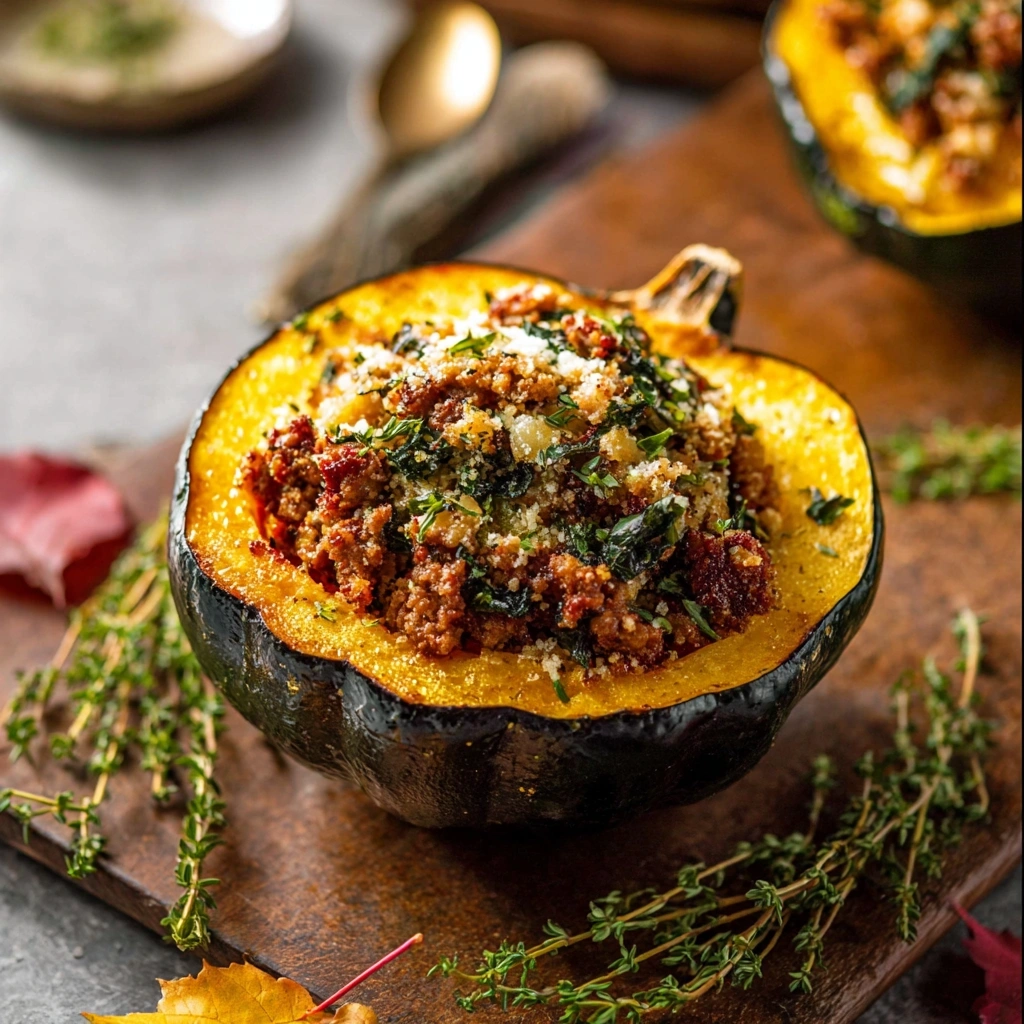 Rustic Beef Sausage Stuffed Acorn Squash Dinner