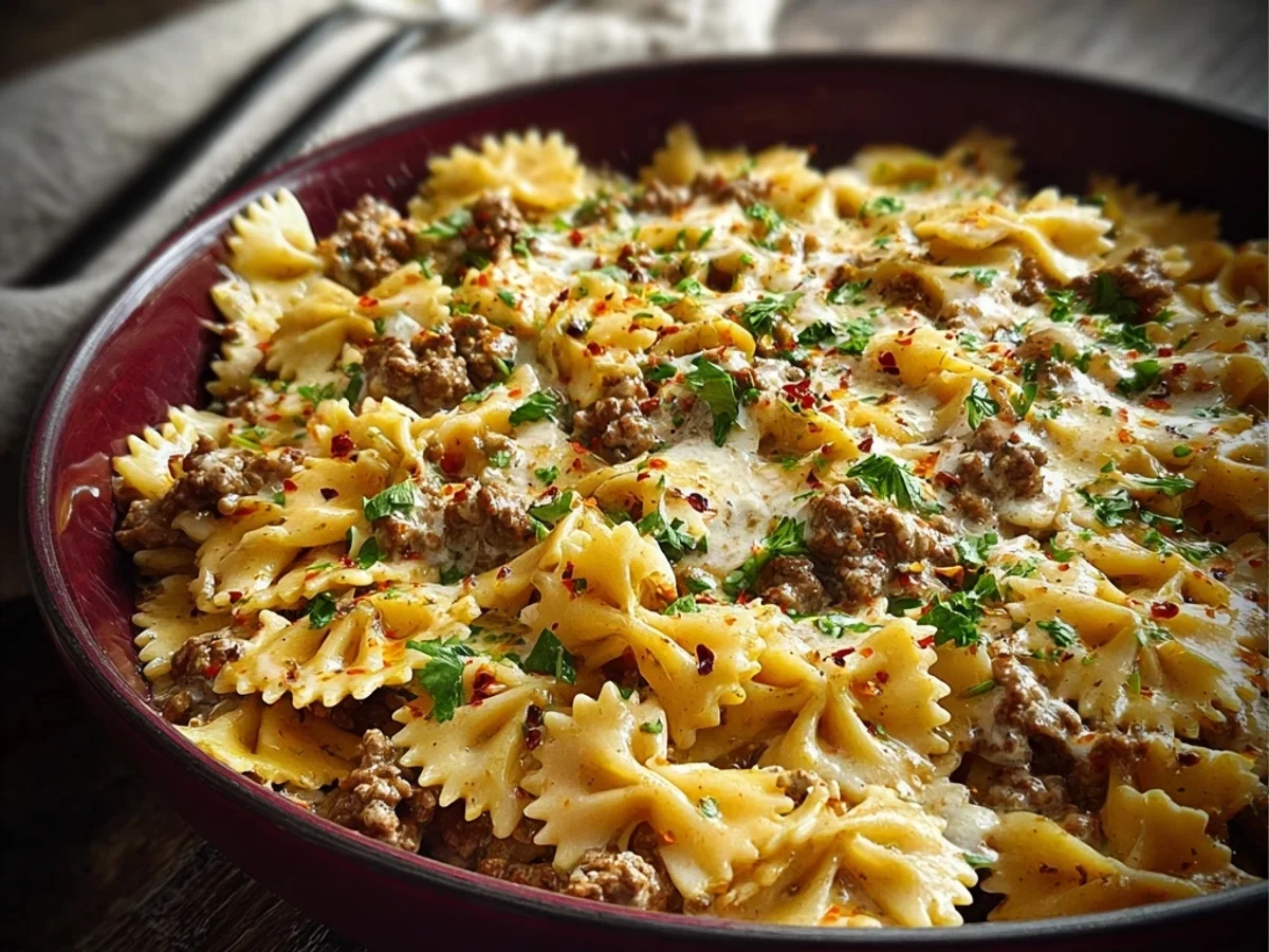 Creamy Cajun Cream Cheese Alfredo Bowties with Beef - Featured Image
