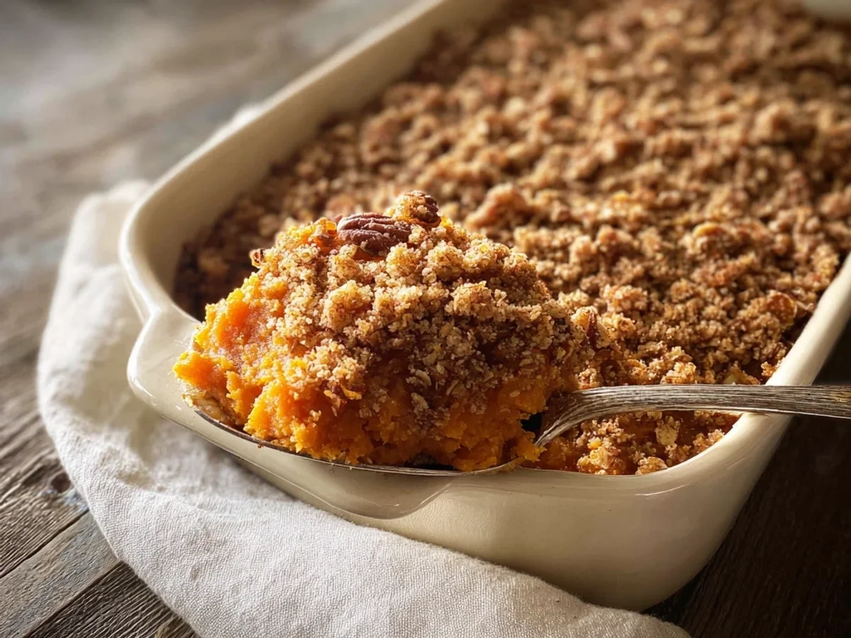 Creamy No Marshmallow Sweet Potato Casserole - Featured Image