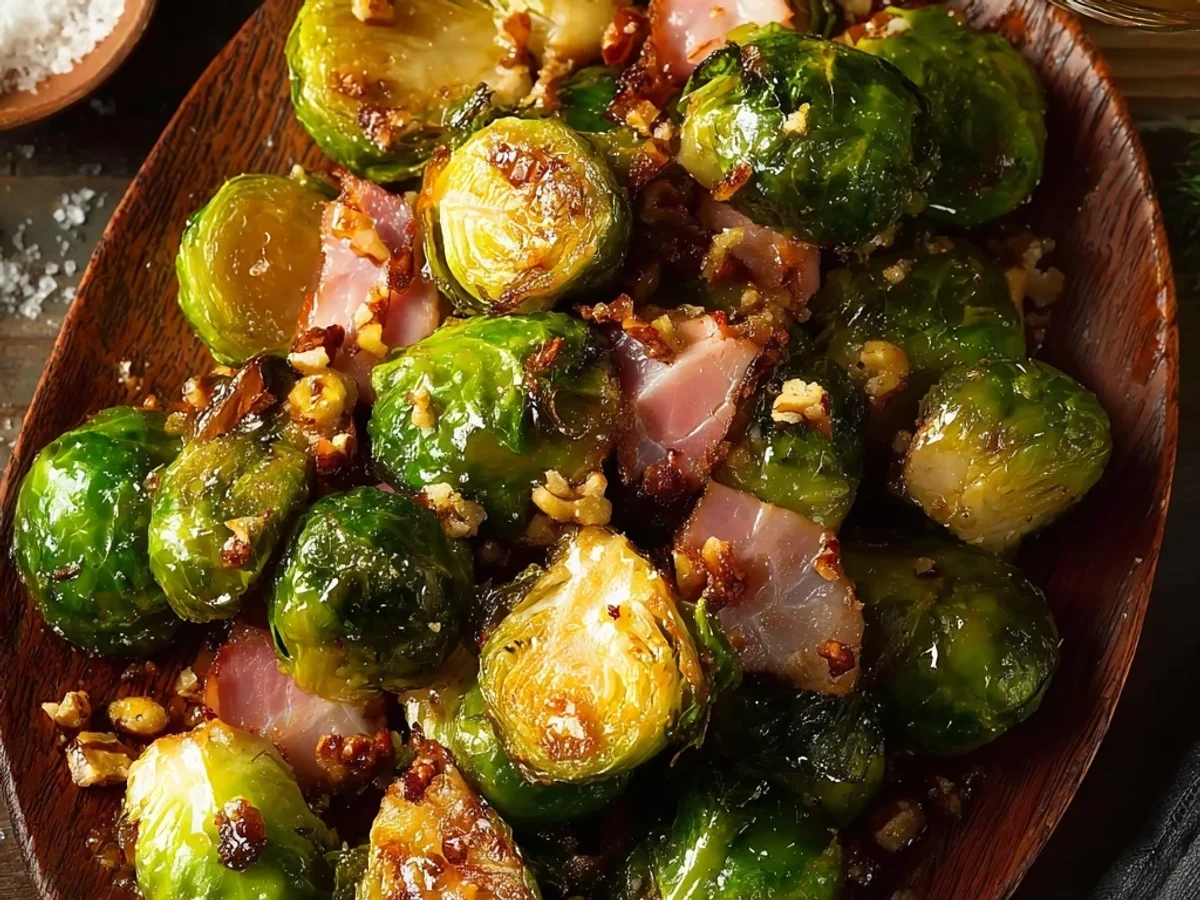 Crispy Honey Glazed Brussels Sprouts with Turkey Ham - Featured Image
