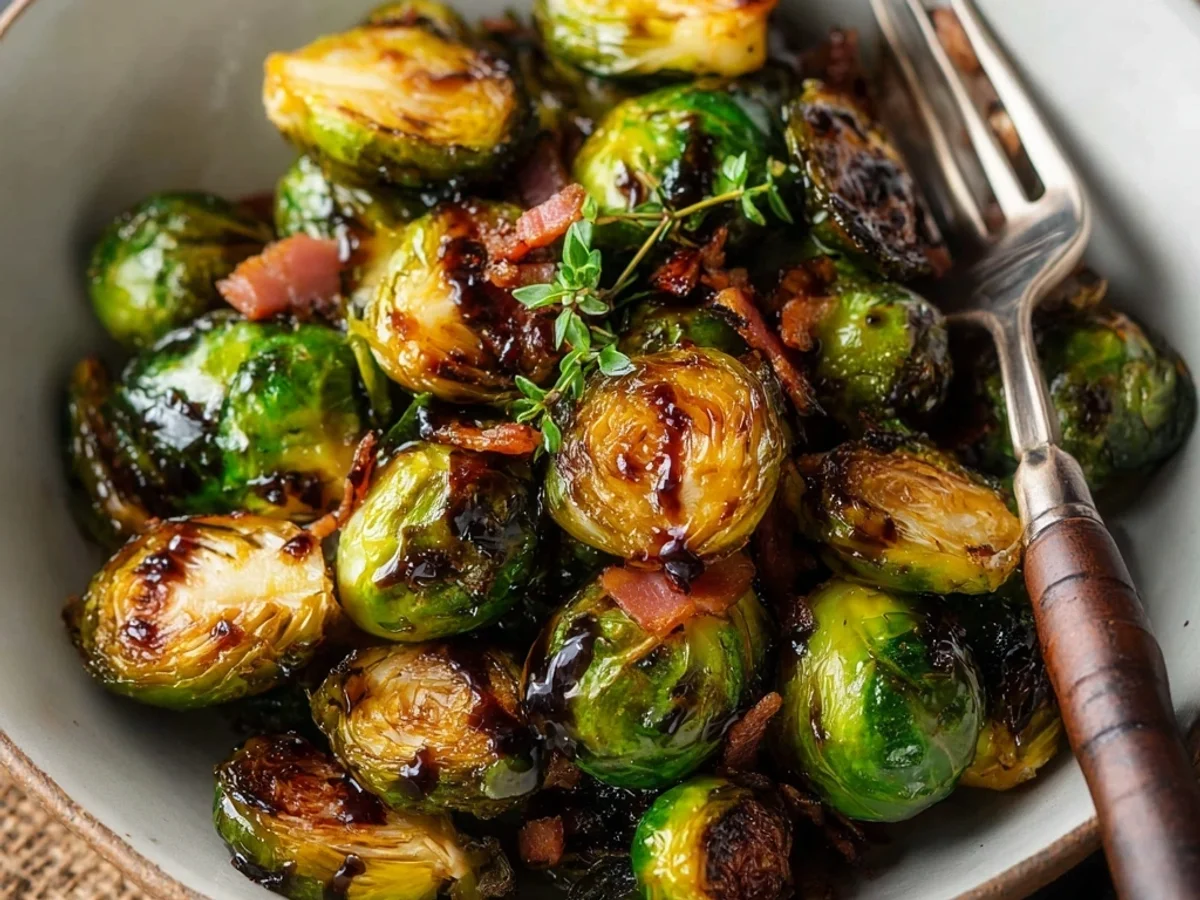 Crispy Roasted Brussels Sprouts with Turkey Ham & Balsamic - Featured Image