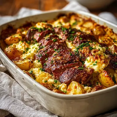 Garlic Butter Steak & Cheddar Potato Bake: A Hearty Dinner