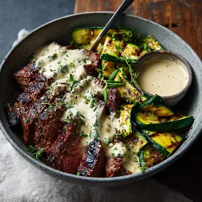 Hearty Grilled Steak Bowl, Creamy Sauce & Zucchini