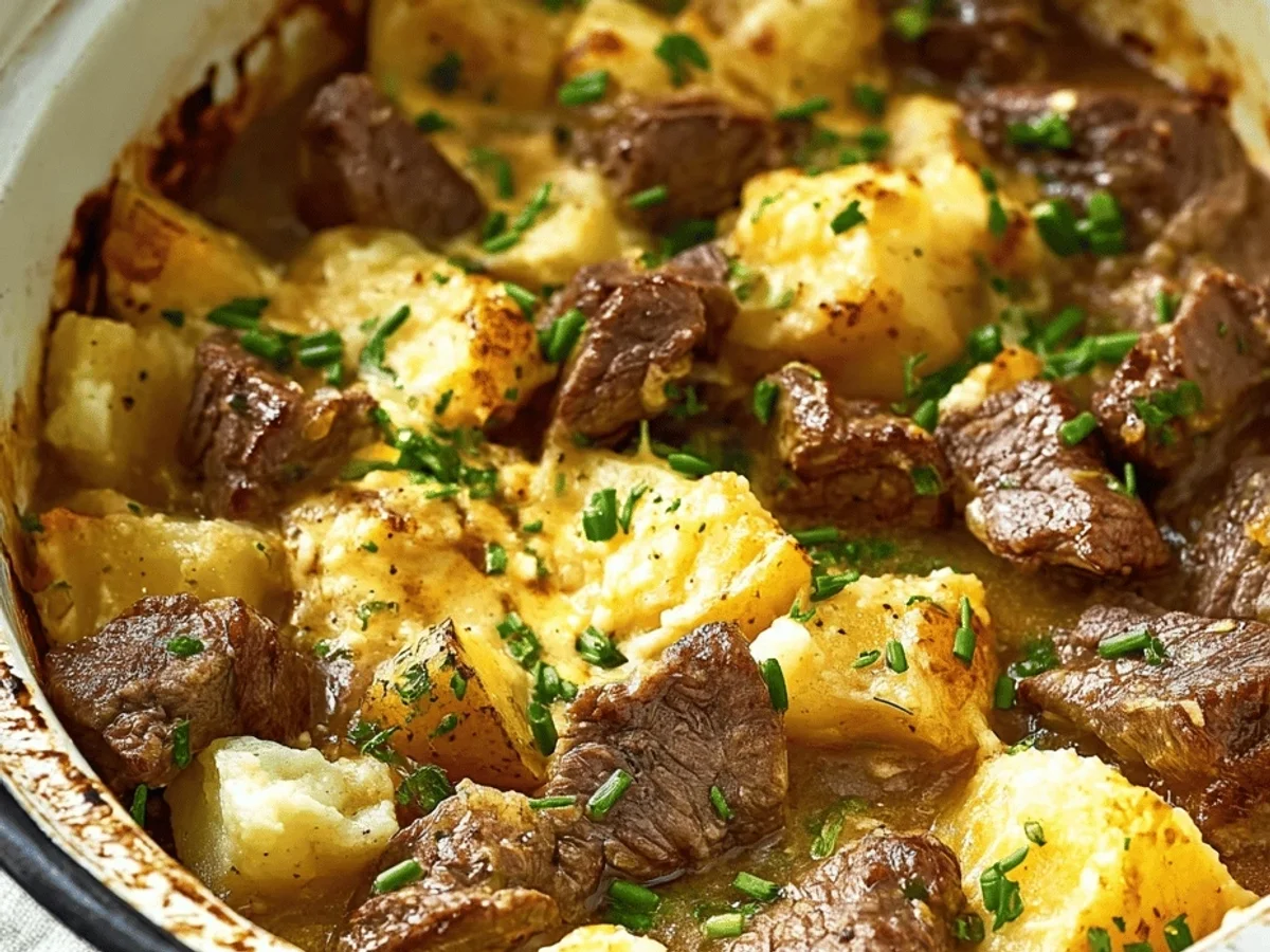 Hearty Slow Cooker Steak & Cheddar Potato Casserole - Featured Image