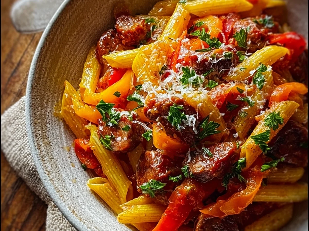 Hearty Sweet Pepper Beef Sausage Pasta Recipe - Featured Image