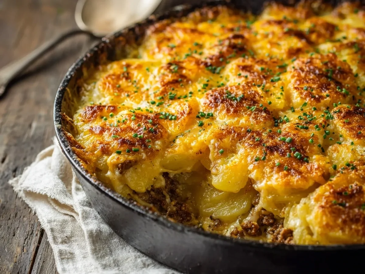 Homestyle Cheesy Hamburger Potato Casserole Bake - Featured Image
