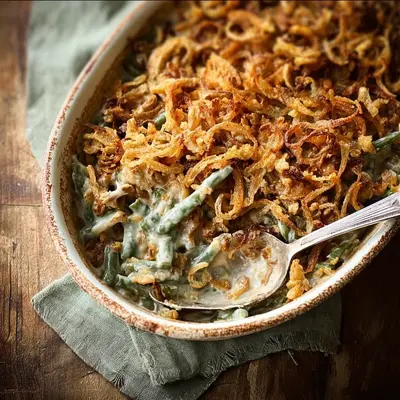 Homestyle Creamy Green Bean Bake with Crispy Shallots