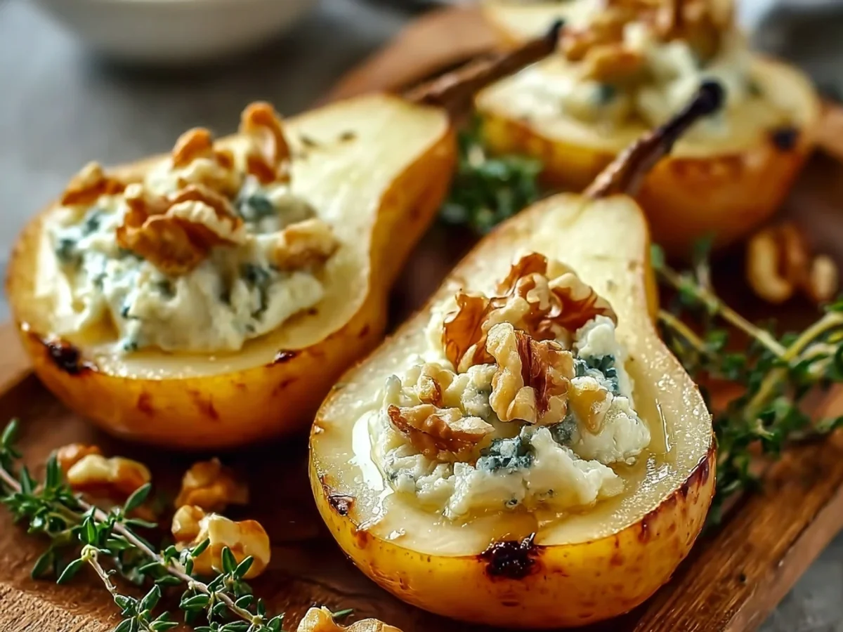 Rich Blue Cheese Stuffed Pears with Walnuts & Honey Drizzle - Featured Image