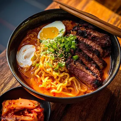 Spicy Korean Ramen with Grilled Beef: A Flavorful Bowl