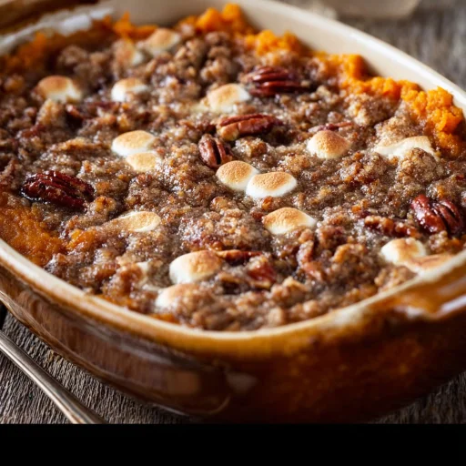 Creamy Sweet Potato Casserole recipe. Learn my tricks for a perfectly balanced, not-too-sweet holiday side. Easy to make with a crunchy pecan topping.