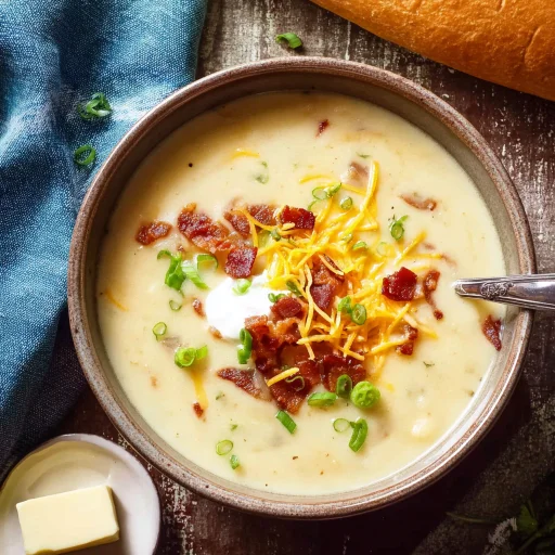 Slow Cooker Potato Soup, loaded baked potato style! Get creamy, comforting soup with minimal fuss. Perfect for busy weeknights, full of cheesy, bacony goodness.