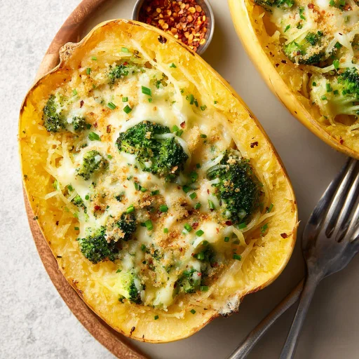 Cheesy Broccoli Spaghetti Squash: A comforting and easy dinner recipe for you. Enjoy roasted squash, tender broccoli, and a rich cheese sauce tonight!