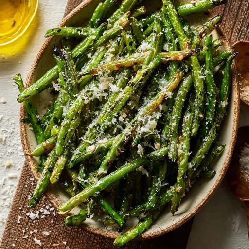 Simple Roasted Green Beans with Garlic and Parmesan. Learn my easy method for crunchy, flavorful green beans even with kitchen chaos.