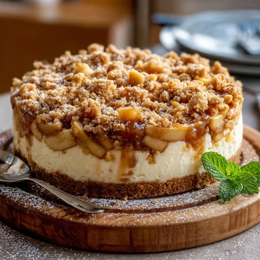 Experience the cozy delight of homemade Apple Crumble Cheesecake. Rich, spiced apples meet creamy cheesecake and a buttery crumble. A true comfort bake!
