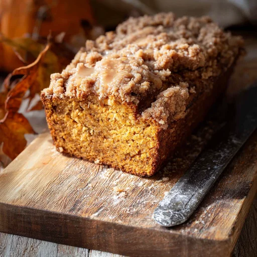 Warm, spiced pumpkin bread, topped with buttery streusel. A comforting slice of autumn, just like Grandma made it, perfect for any day.