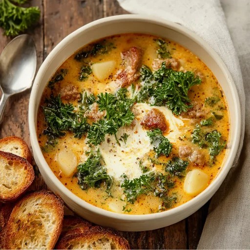 Hearty Zuppa Toscana Soup brings creamy comfort to your table. Rich sausage, tender potatoes, and vibrant kale make for a satisfying, easy meal.