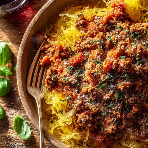 Enjoy a lighter, veggie-packed Spaghetti Squash Bolognese. This recipe brings rich flavors with a healthy twist, perfect for family dinners.