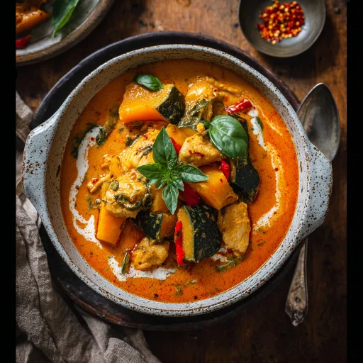 Creamy, spicy Red Thai Curry with Chicken and Kabocha Squash. A warm, comforting meal packed with flavor and vibrant veggies. Easy to make!