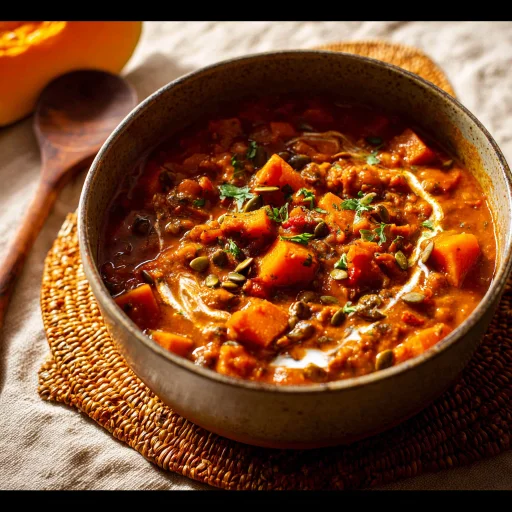 Savor rich vegetarian pumpkin chili, a comforting blend of autumn flavors. Packed with hearty beans and spices, this recipe is a warming meal for any night.