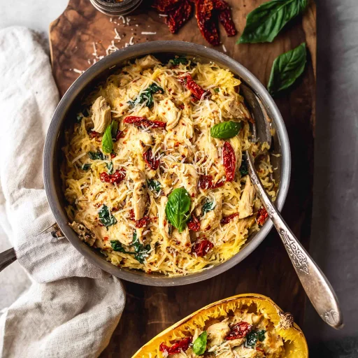 Savor a hearty Tuscan Chicken Spaghetti Squash bake! Tender chicken, vibrant sauce, and roasted spaghetti squash make a comforting, flavorful meal.
