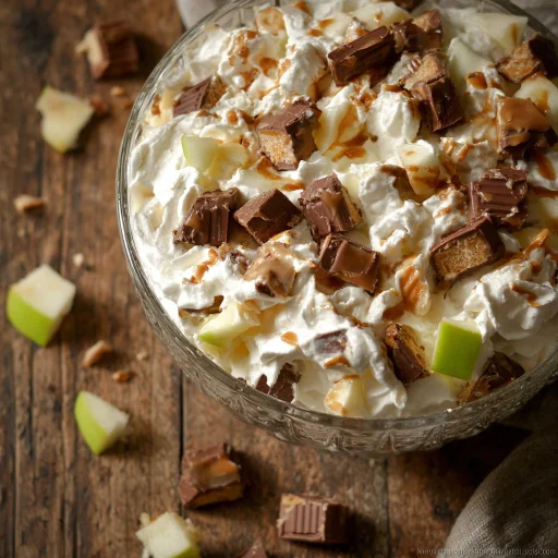 Easy Apple Snickers Salad: Crunchy apples, creamy dressing, & chopped Snickers create a surprisingly simple, crowd-pleasing dessert youll love!