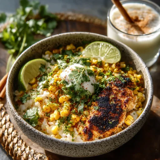 Street Corn Chicken Rice Bowl: Your new favorite! Enjoy vibrant flavors in this easy weeknight meal with creamy street corn, tender chicken, and fluffy rice.